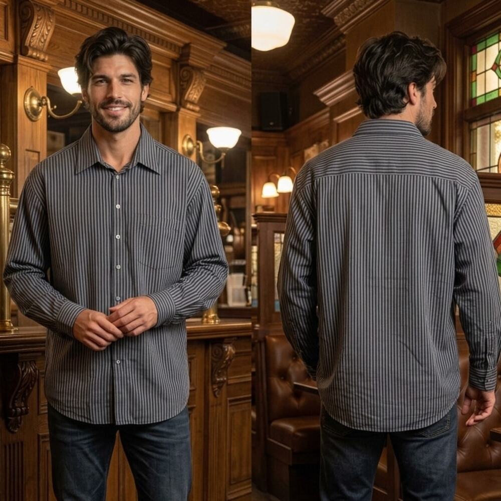 Claiborne Long Sleeve Black Gray Striped Shirt Men's Large 16.5 x 32/33